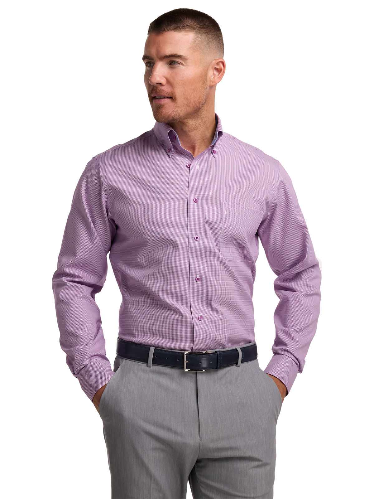 Non-Iron Cotton Houndstooth Dress Shirt With Contrast Trim - Purple