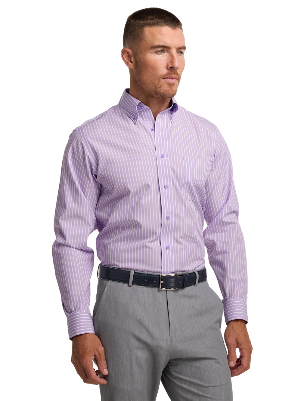 Alternate Shot of Men's Purple Stripe Shirts Contrast Trim Inside Neckband