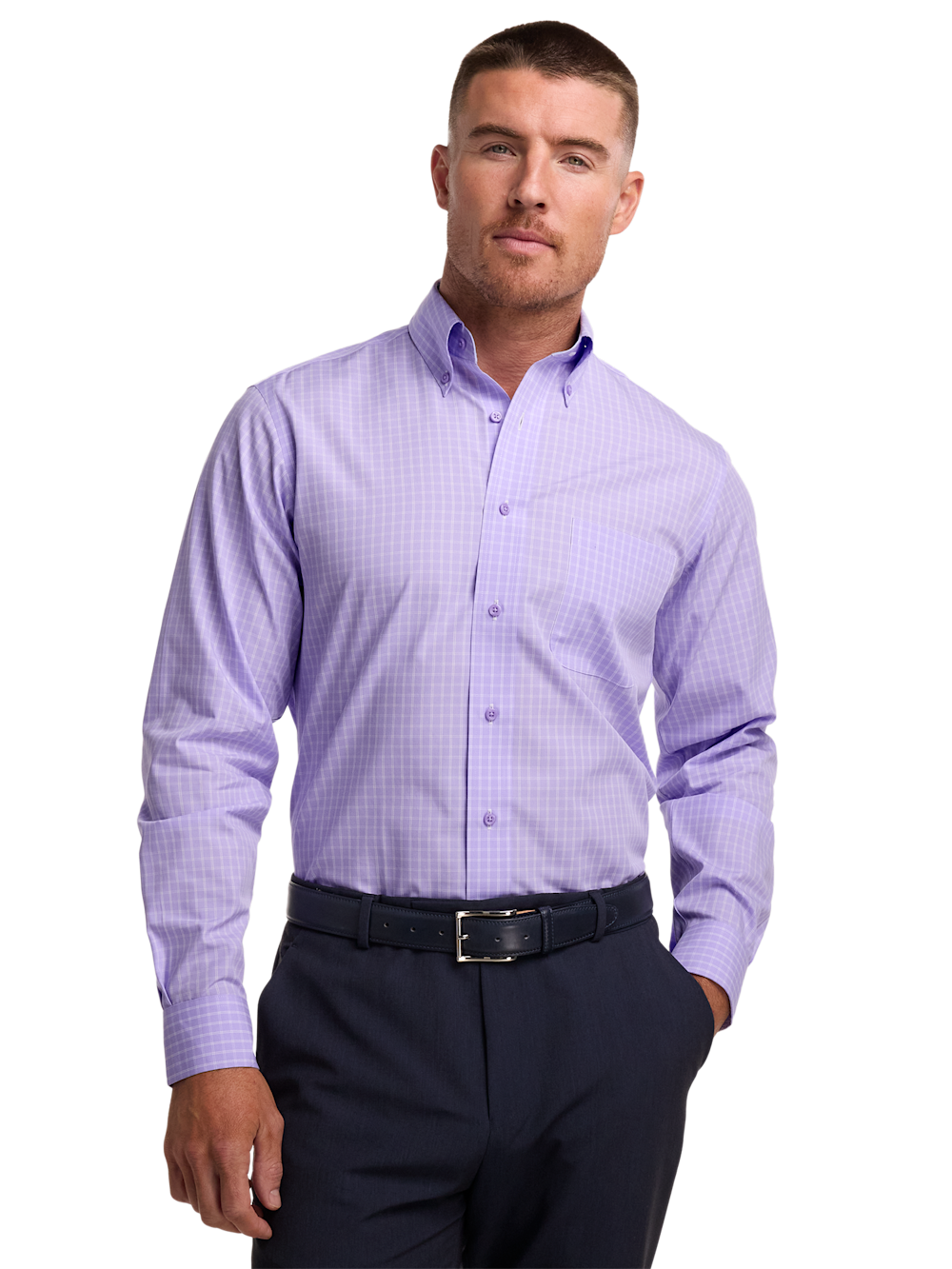 Alternate Shot of Men's Purple Check Shirts Contrast Trim Inside Neckband