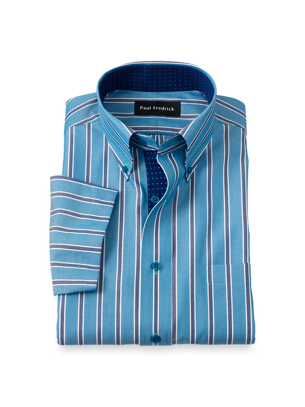 Non-Iron Cotton Stripe Short Sleeve Dress Shirt With Contrast Trim