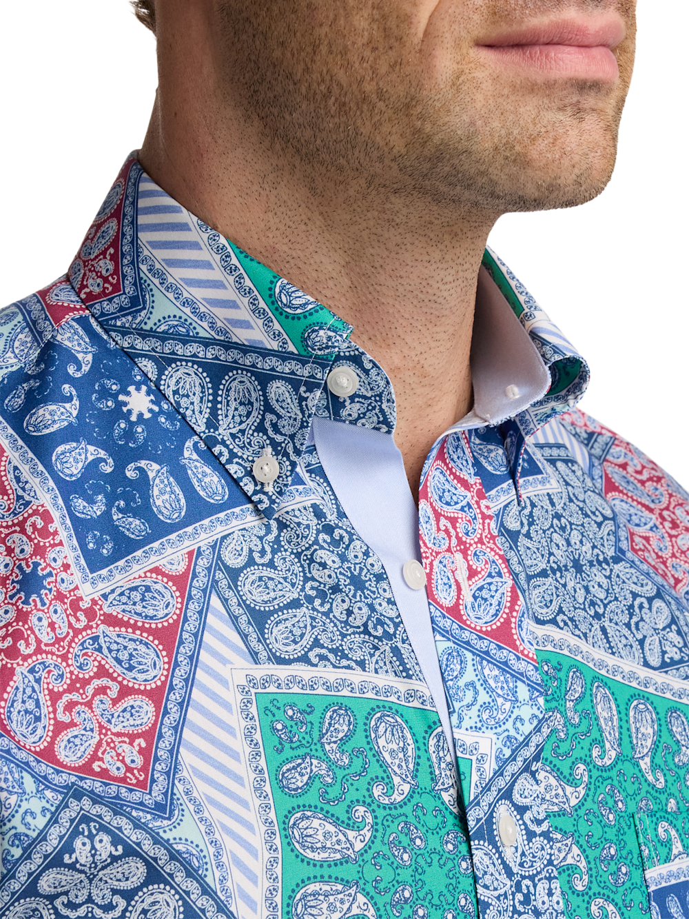 Alternate Shot of Men's Blue Multi Print Shirts Contrast Fabric Inside Neckband And Button Side Front Placket