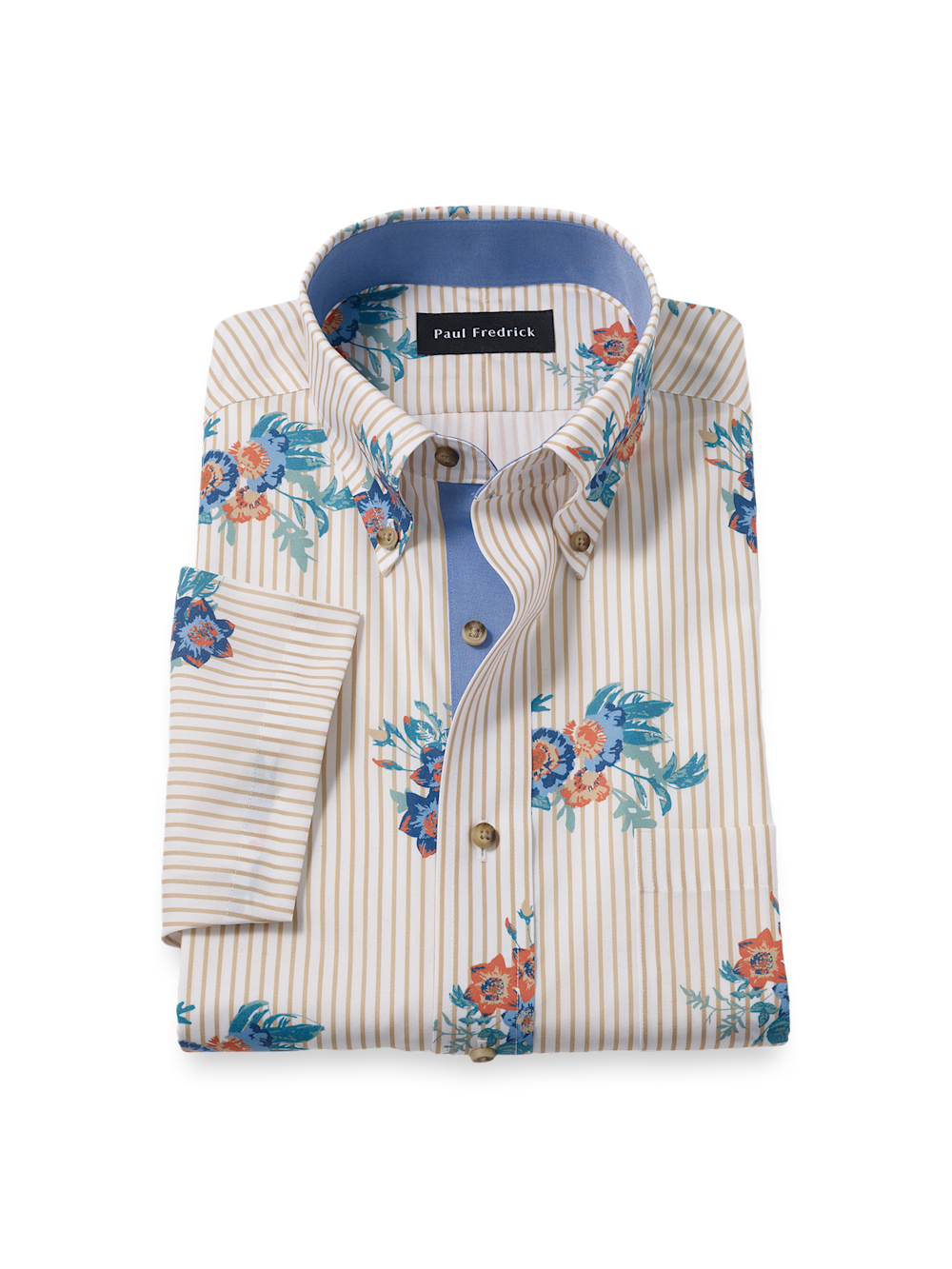 Product Image of Non-iron Cotton Floral Dress Shirt With Contrast Trim-Tan Multi
