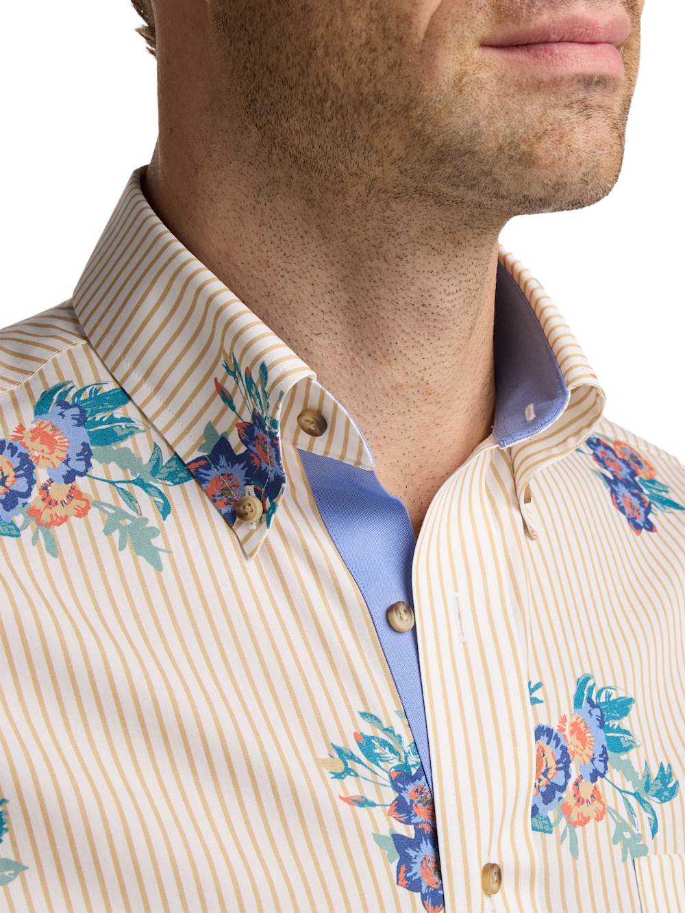 Alternate Shot of Men's Tan Multi Floral Shirts Contrast Fabric Inside Neckband And Button Side Front Placket