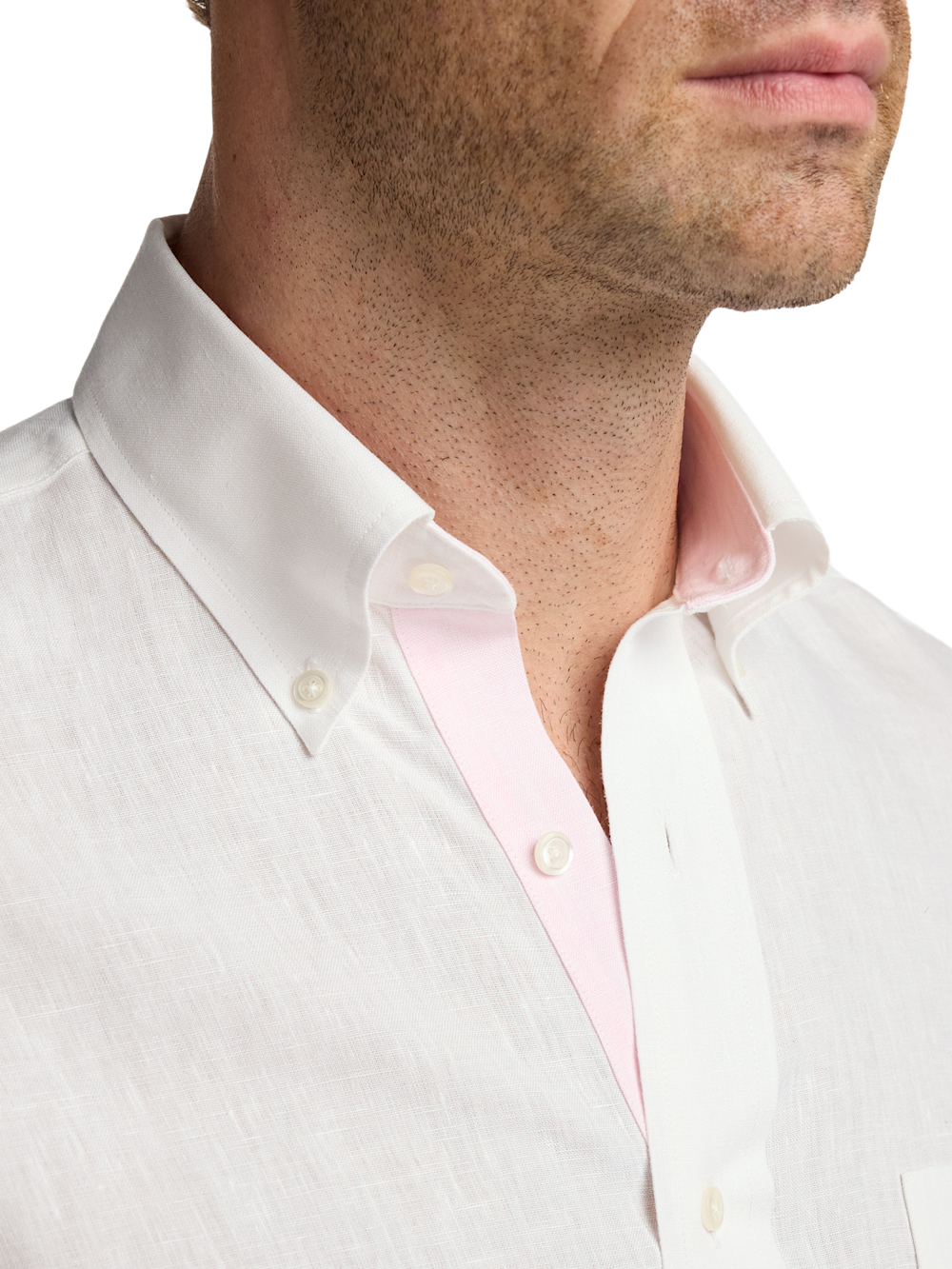 Alternate Shot of Men's White Solid Shirts Contrast Fabric Inside Neckband And Button Side Front Placket