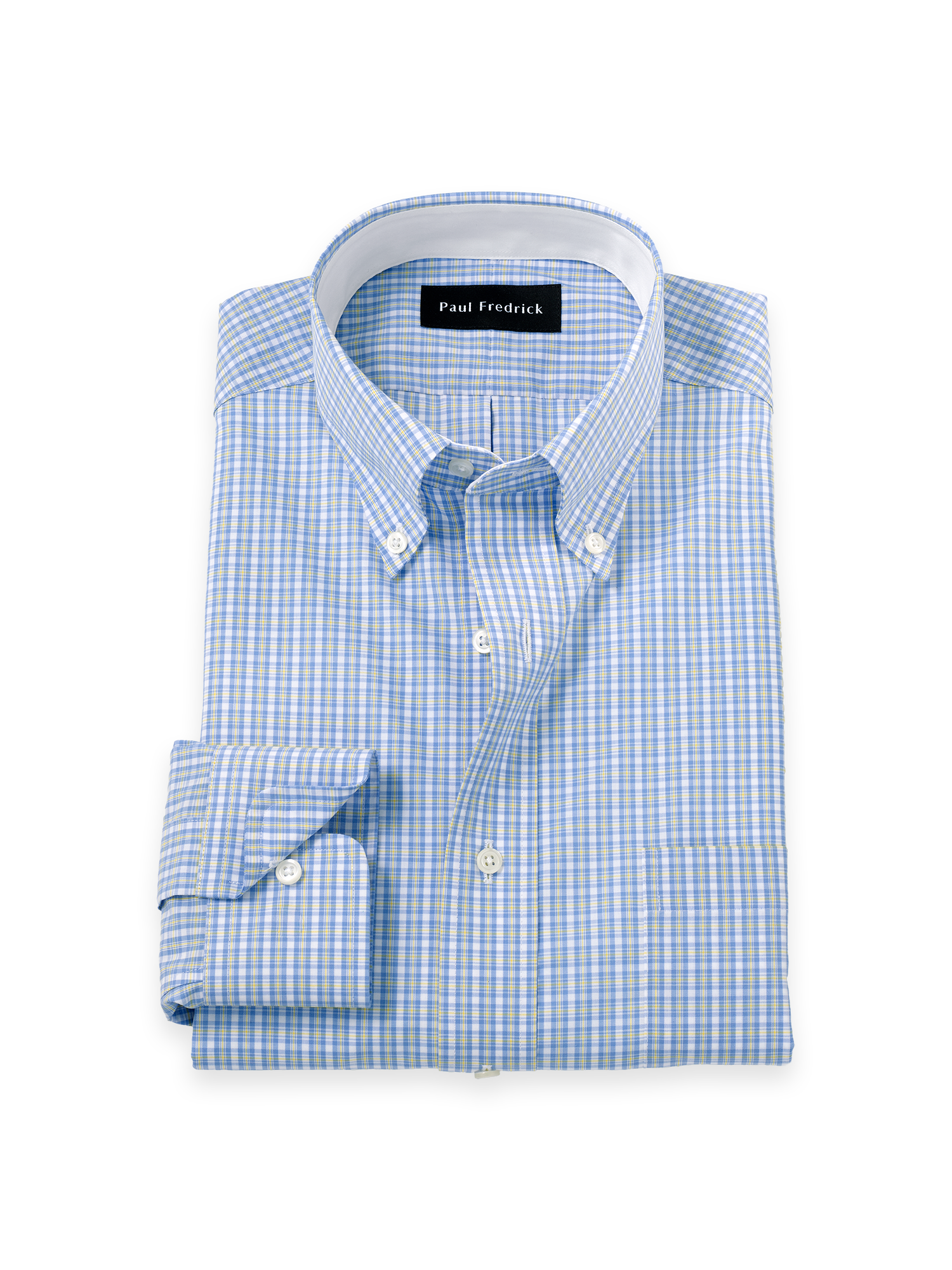 Non-Iron Cotton Windowpane Dress Shirt With Contrast Trim - Blue/yellow