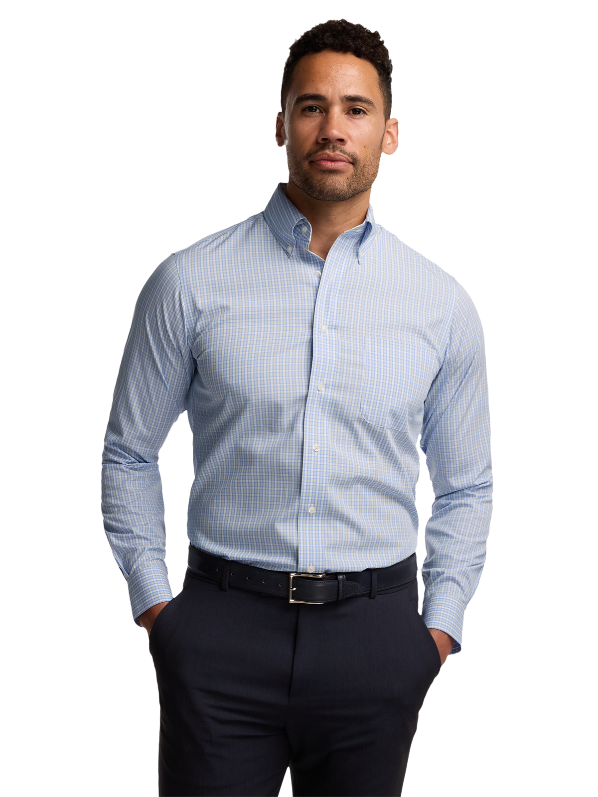 Non-Iron Cotton Windowpane Dress Shirt With Contrast Trim - Blue/yellow