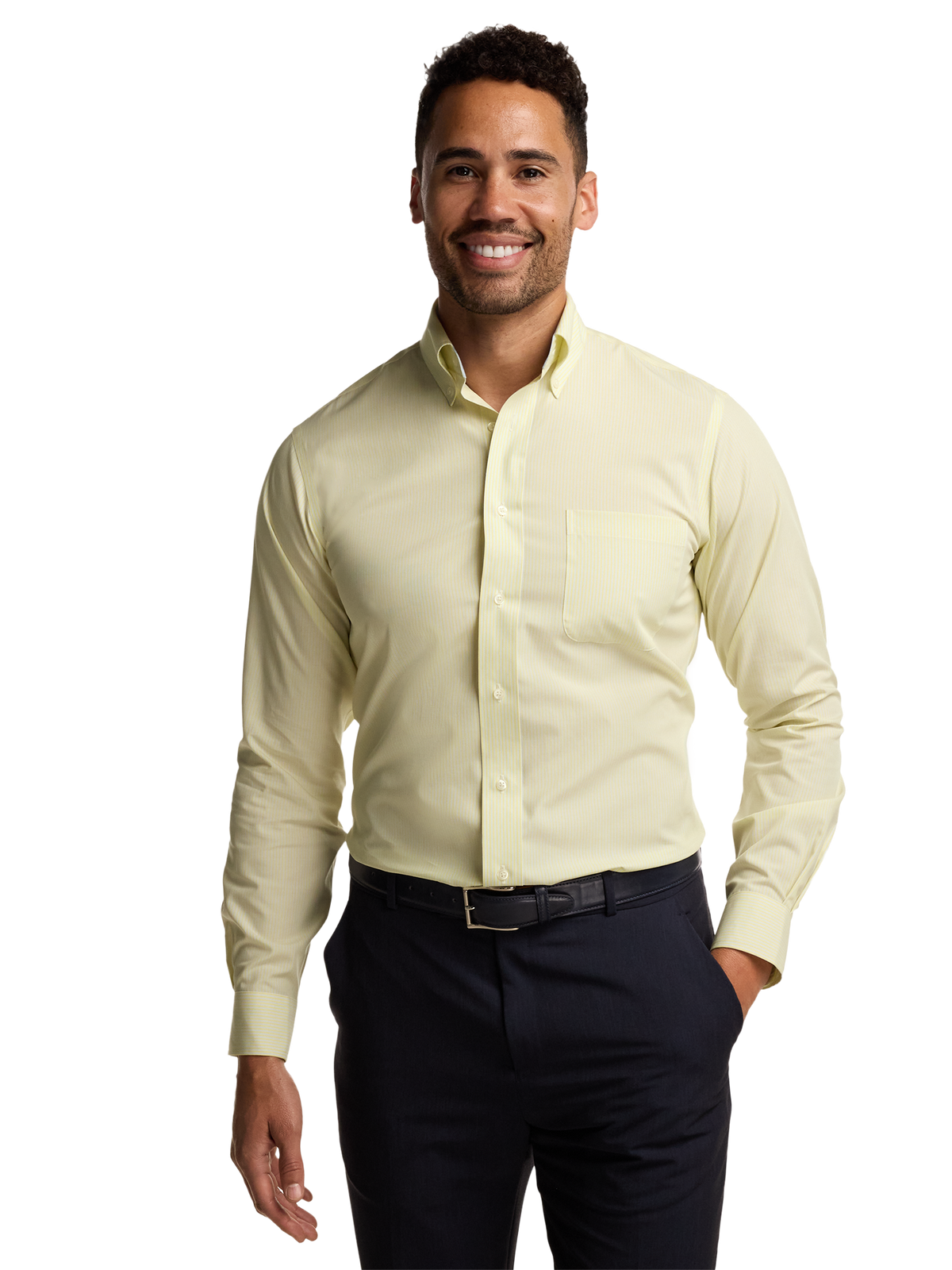 Non-Iron Cotton Stripe Dress Shirt With Contrast Trim - Yellow/blue