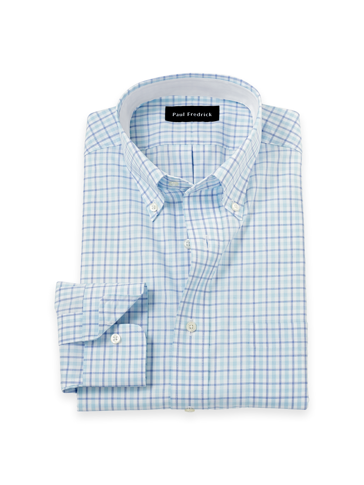 Non-Iron Cotton Windowpane Dress Shirt With Contrast Trim - Aqua