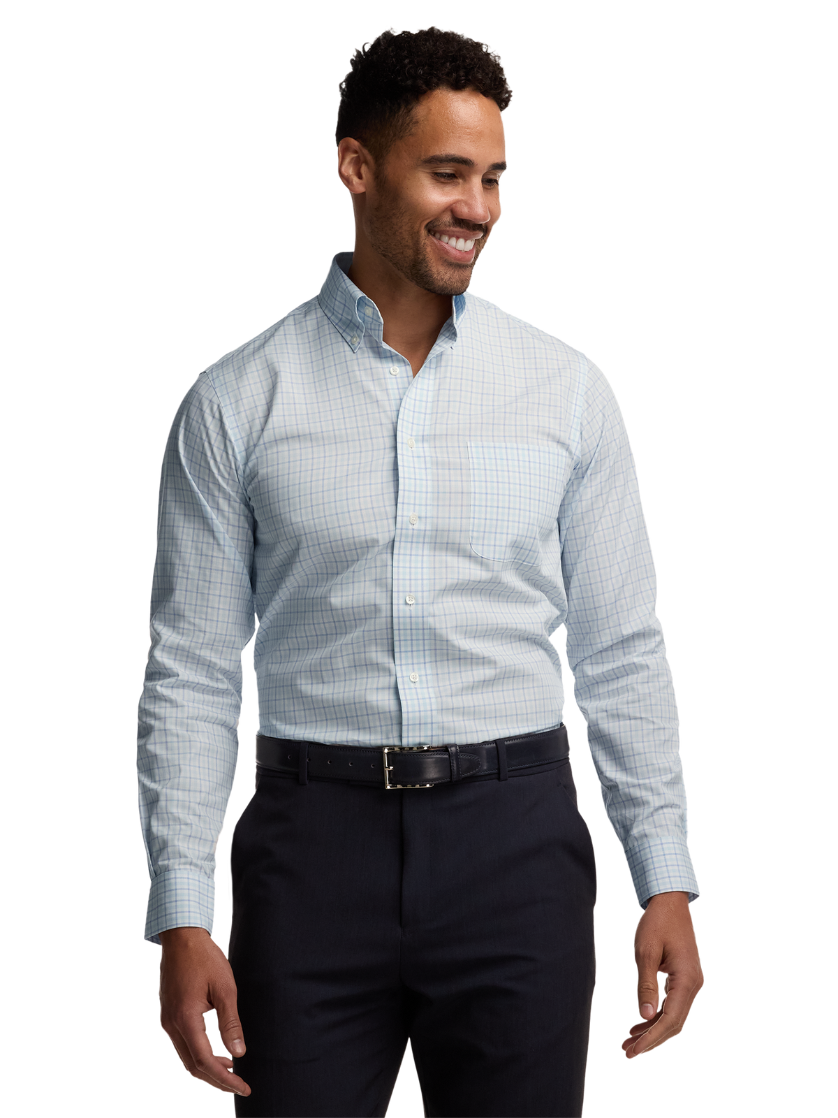 Non-Iron Cotton Windowpane Dress Shirt With Contrast Trim - Aqua
