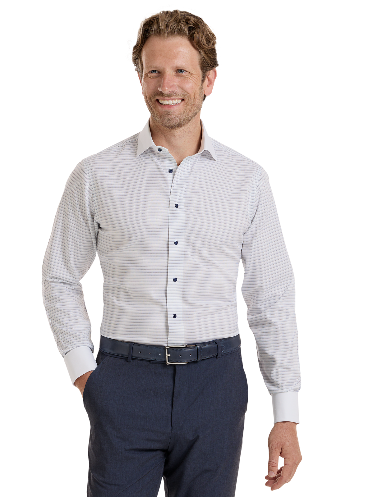 Non-Iron Cotton Stripe Dress Shirt - White/blue