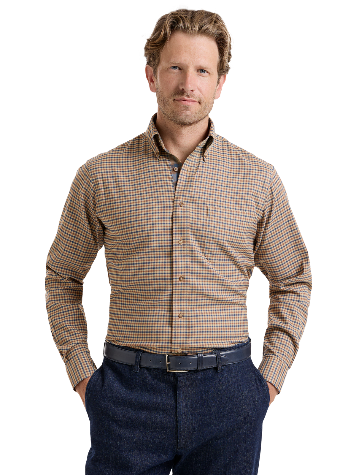 Non-Iron Thermolite Flannel Check Dress Shirt With Contrast Trim - Brown/blue