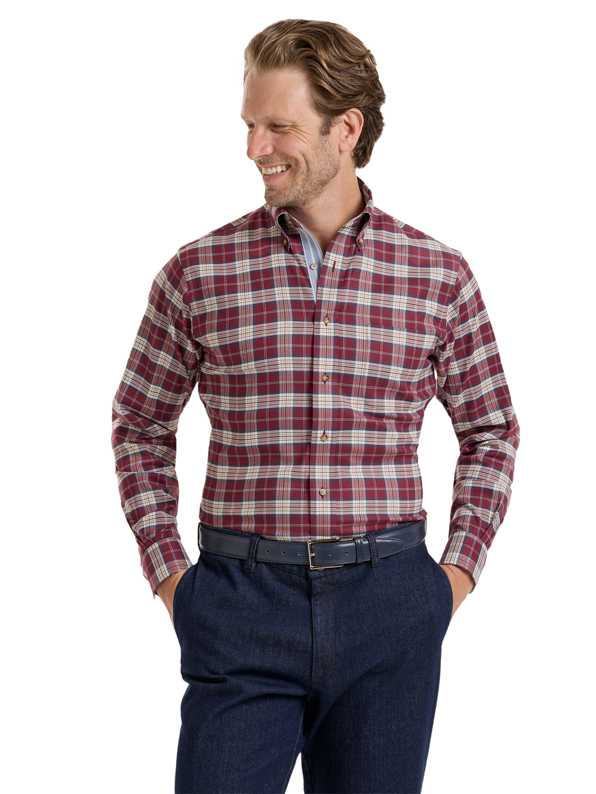 Non-Iron Thermolite Flannel Plaid Dress Shirt With Contrast Trim - Burgundy