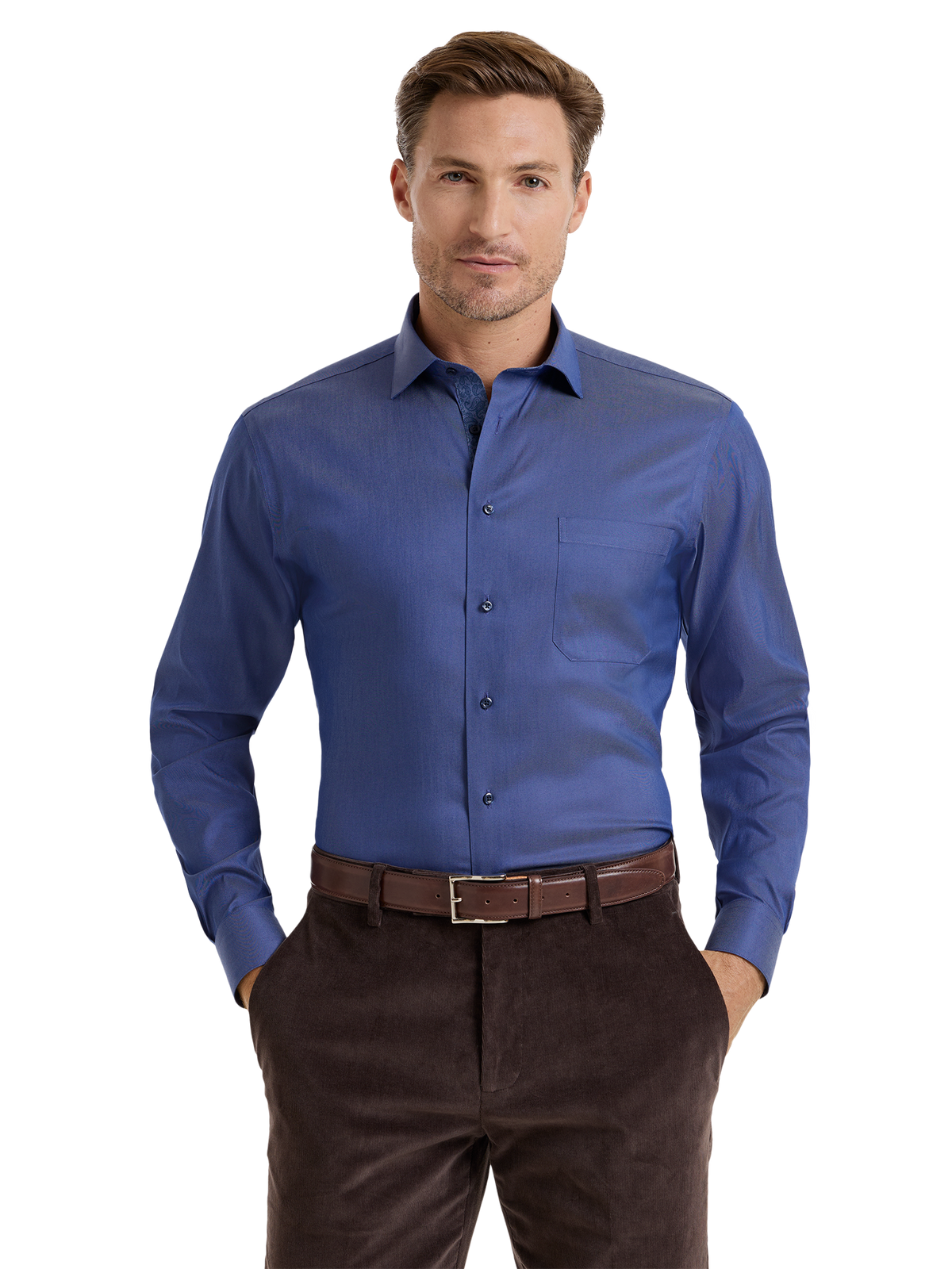 Comfort Stretch Non-Iron Denim Solid Dress Shirt With Contrast Trim - Blue