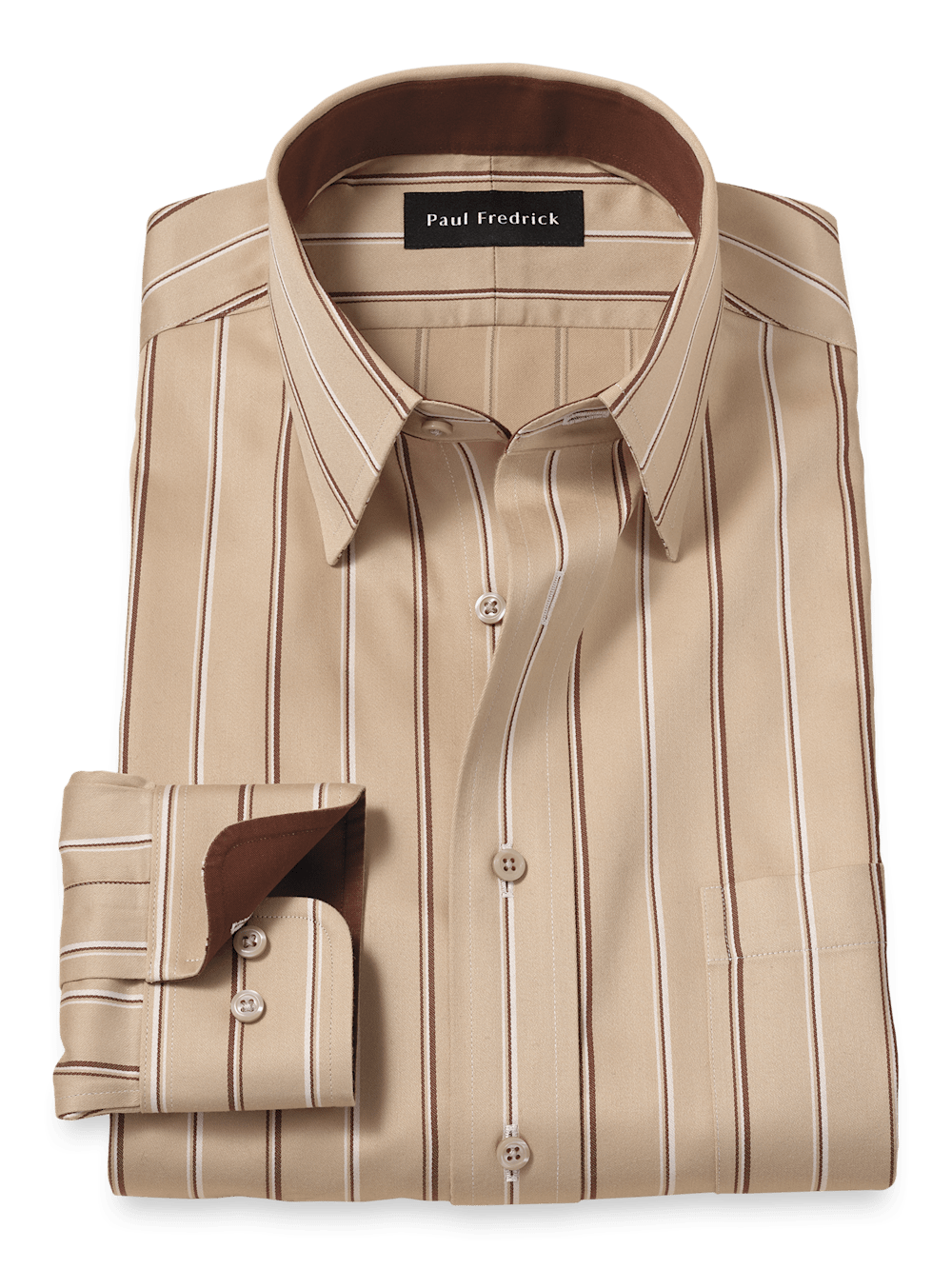 Comfort Stretch Non-Iron Stripe Dress Shirt With Contrast Trim - Tan