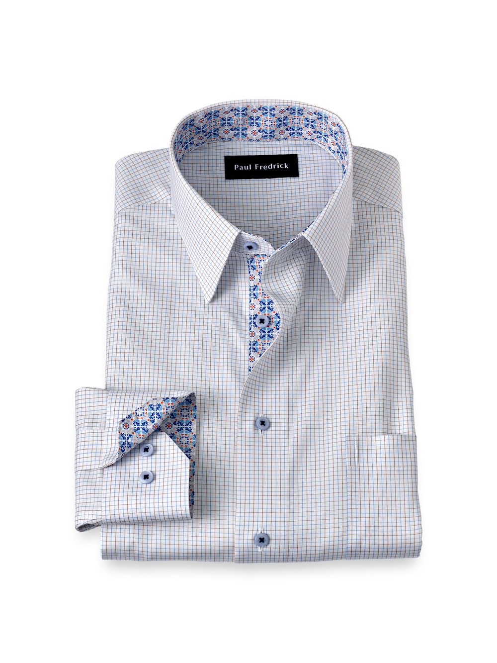Product Image of Comfort Stretch Non-iron Windowpane Dress Shirt With Contrast Trim-Blue/Brown