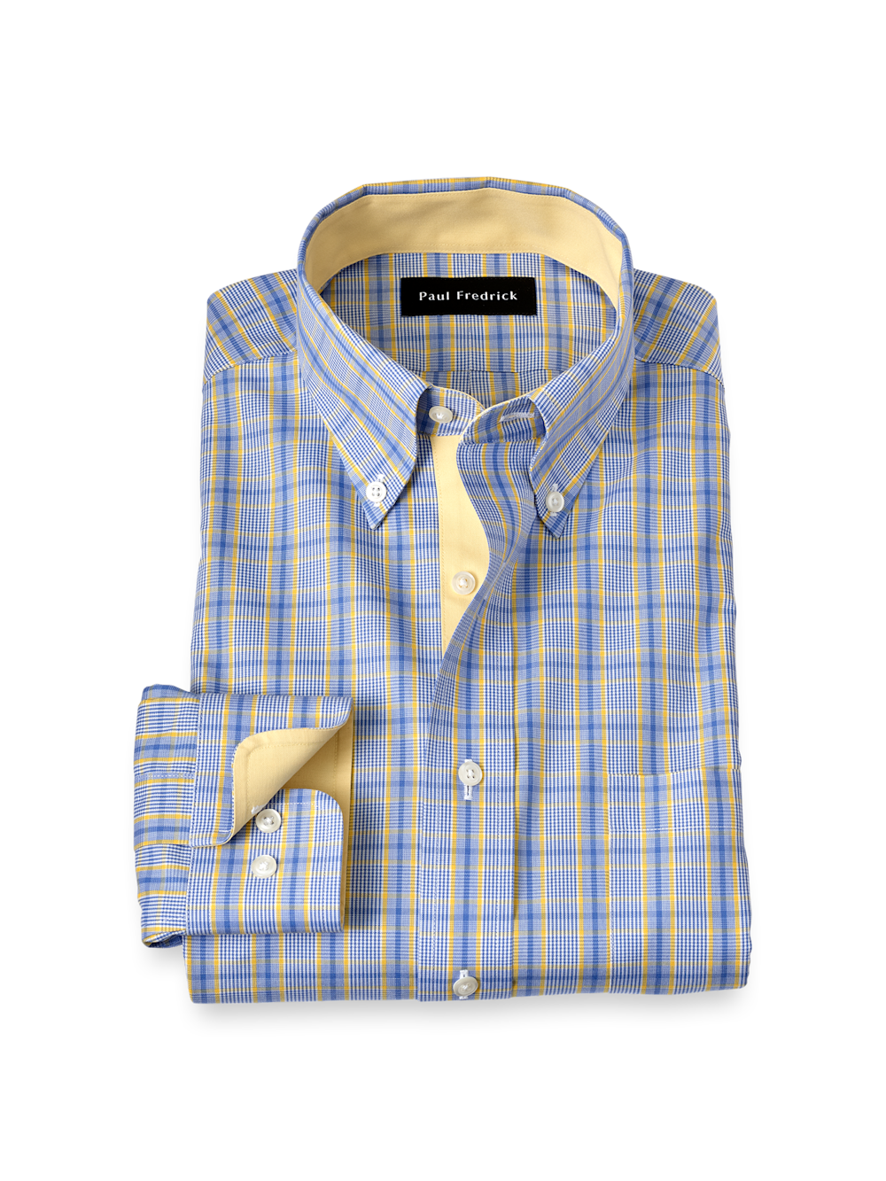 Non-Iron Cotton Glen Plaid Dress Shirt With Contrast Trim - Blue/yellow Classic Fit / 15.5 / 34