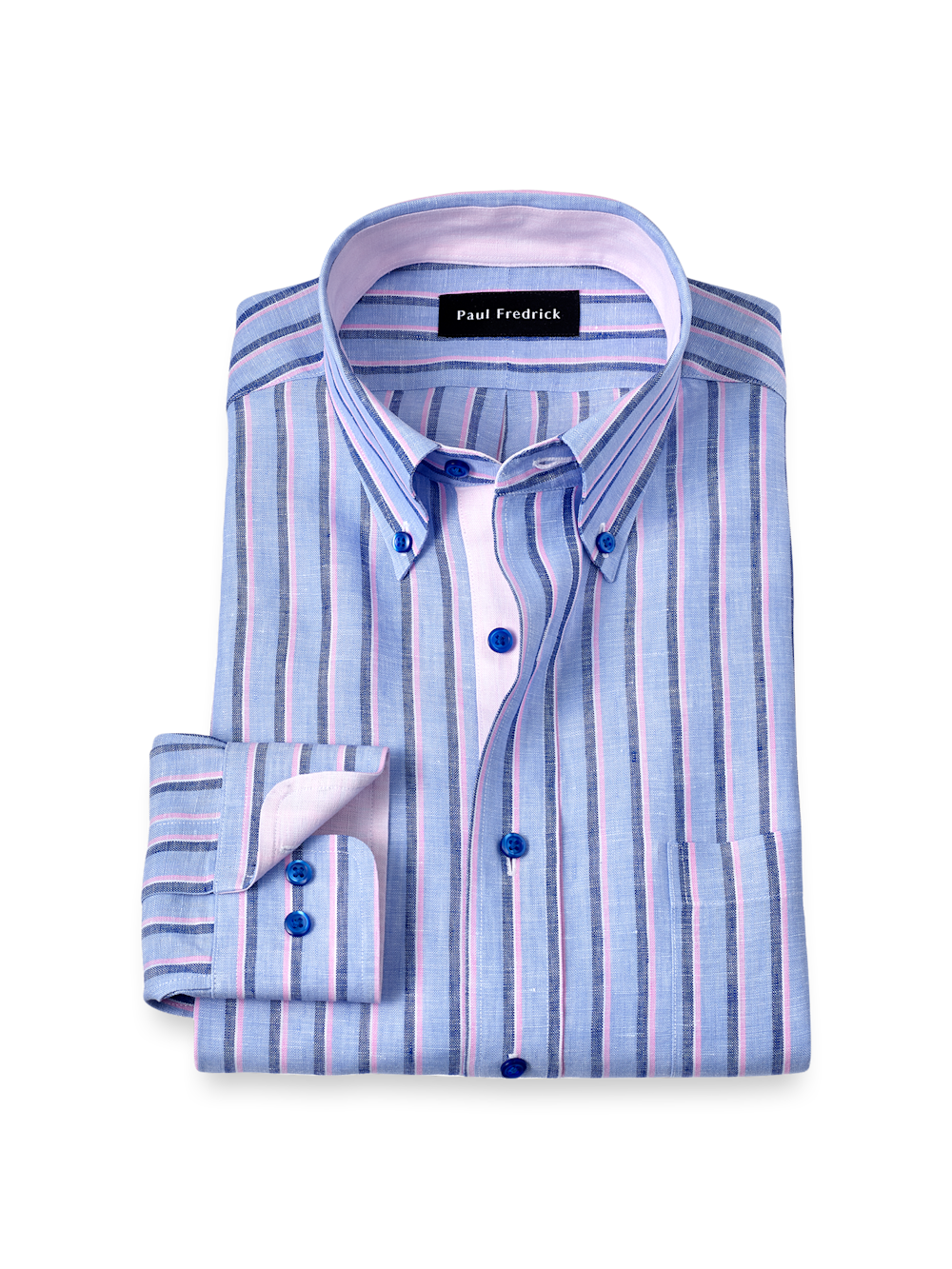 Product Image of Non-iron Linen Stripe Dress Shirt With Contrast Trim-Blue/Pink