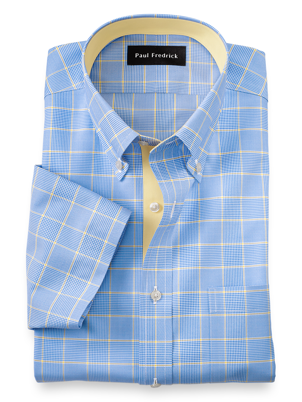 S/f Non Iron Two Ply Cotton Glen Plaid, Button Down Collar, Short Sleeve