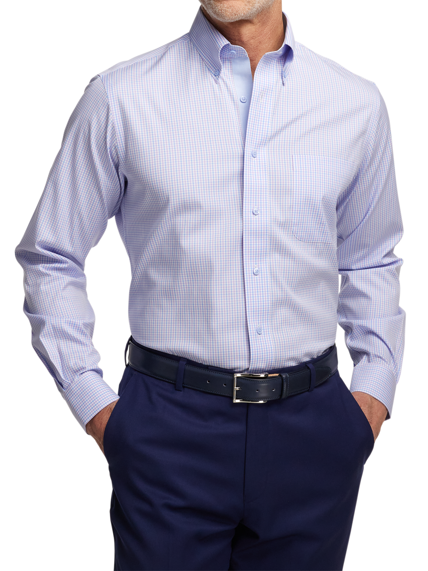 Comfort Stretch Non-Iron Gingham Dress Shirt With Contrast Trim - Blue/purple