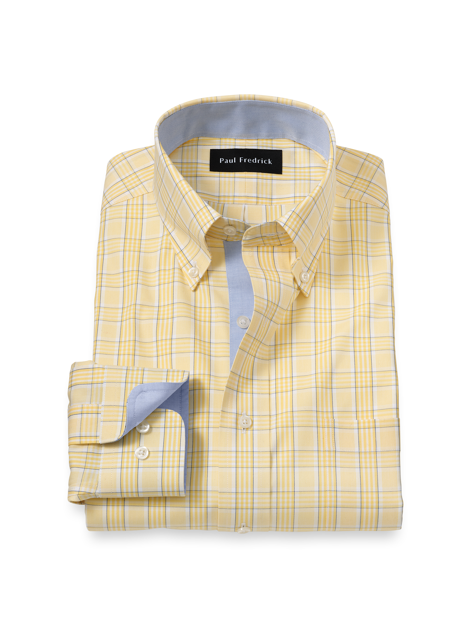Comfort Stretch Non-Iron Check Dress Shirt With Contrast Trim - Yellow Paul Fredrick Comfort Stretch Non-Iron Check Dress Shirt With Contrast Trim - Yellow Paul Fredrick