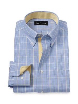 Comfort Stretch Non-Iron Glen Plaid Dress Shirt With Contrast Trim - Blue