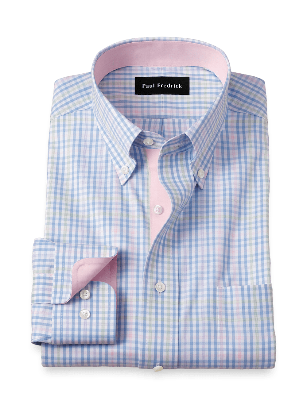 Product Image of Comfort Stretch Non-iron Tattersall Dress Shirt With Contrast Trim-Blue/Pink