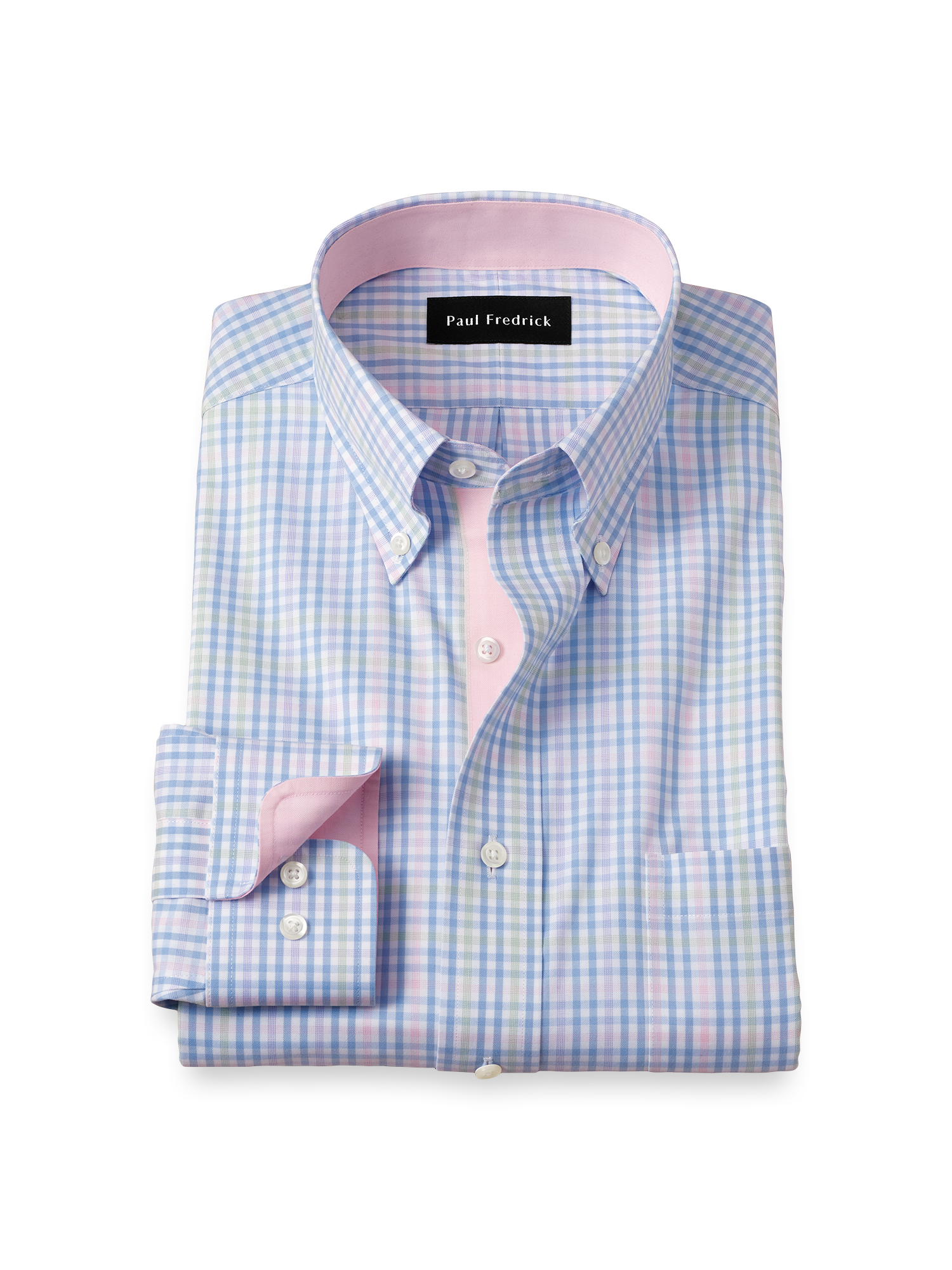 Product Image of Comfort Stretch Non-iron Tattersall Dress Shirt With Contrast Trim-Blue/Pink