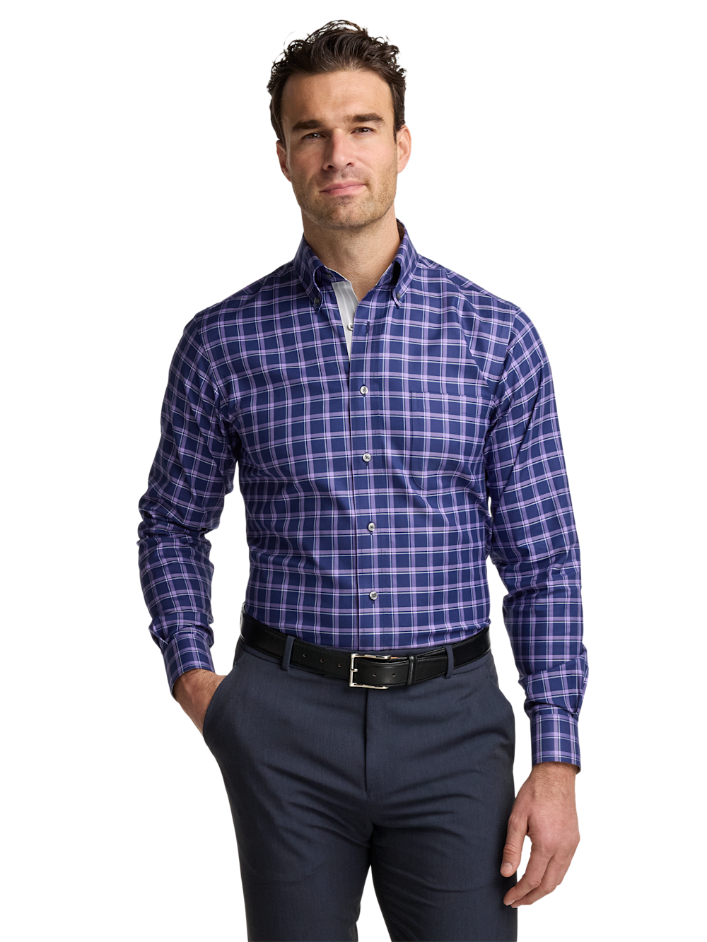 Alternate Image of Travel Cotton Blend Check Dress Shirt With Contrast Trim-1