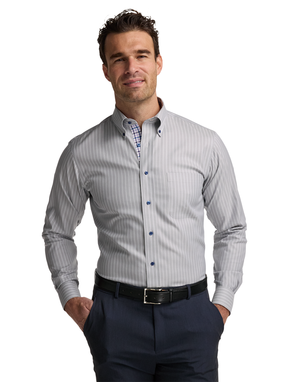 Alternate Image of Travel Cotton Blend Stripe Dress Shirt With Contrast Trim-1