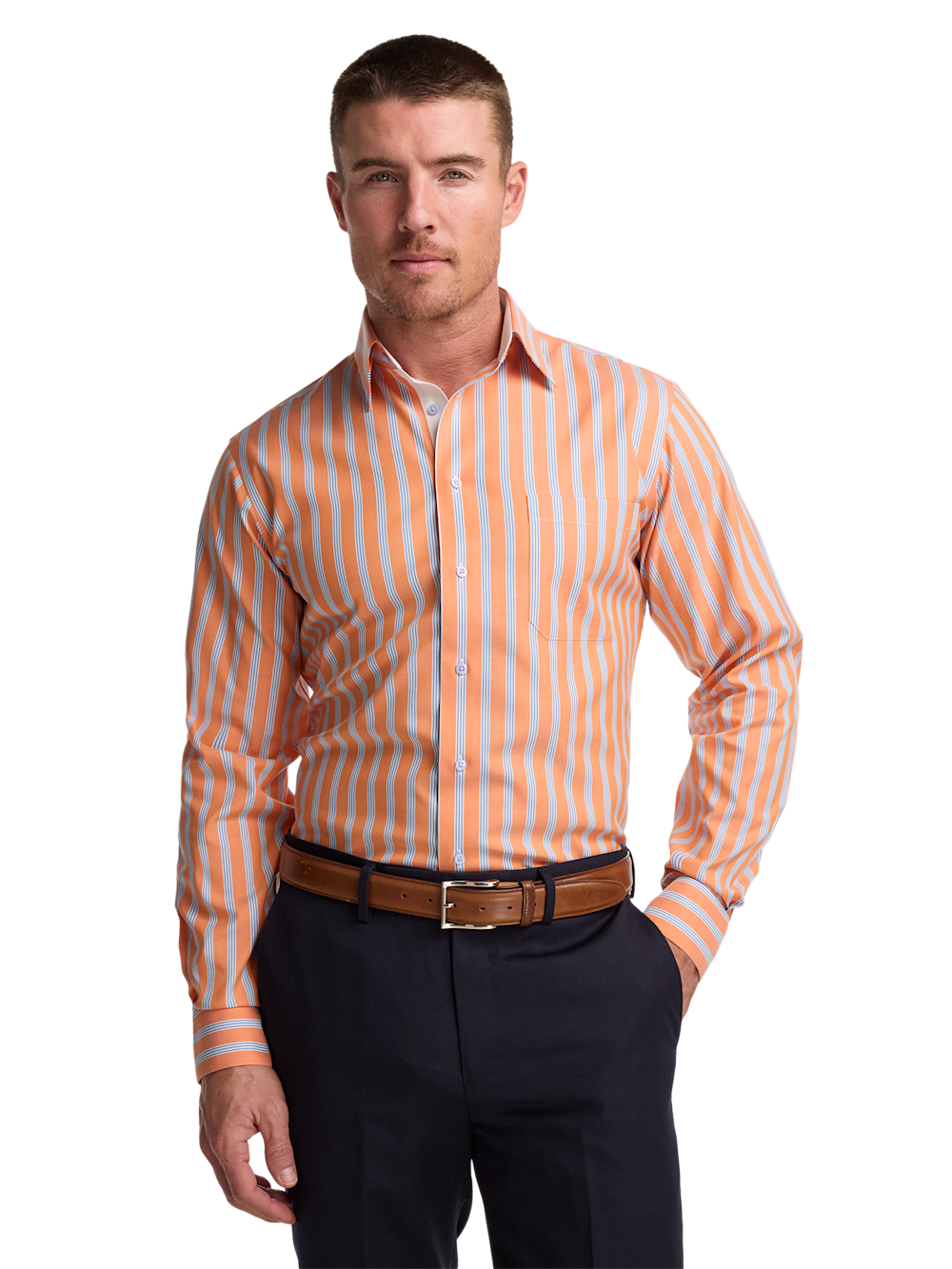 Alternate Shot of Men's Melon/Blue Stripe Shirts Trim Inside Neckband Inside Cuffs Button Side Of Placket