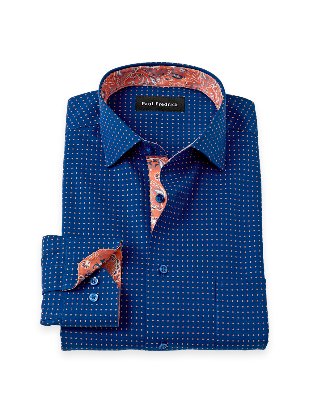 Comfort Stretch Non-Iron Dot Dress Shirt With Contrast Trim - Navy/melon