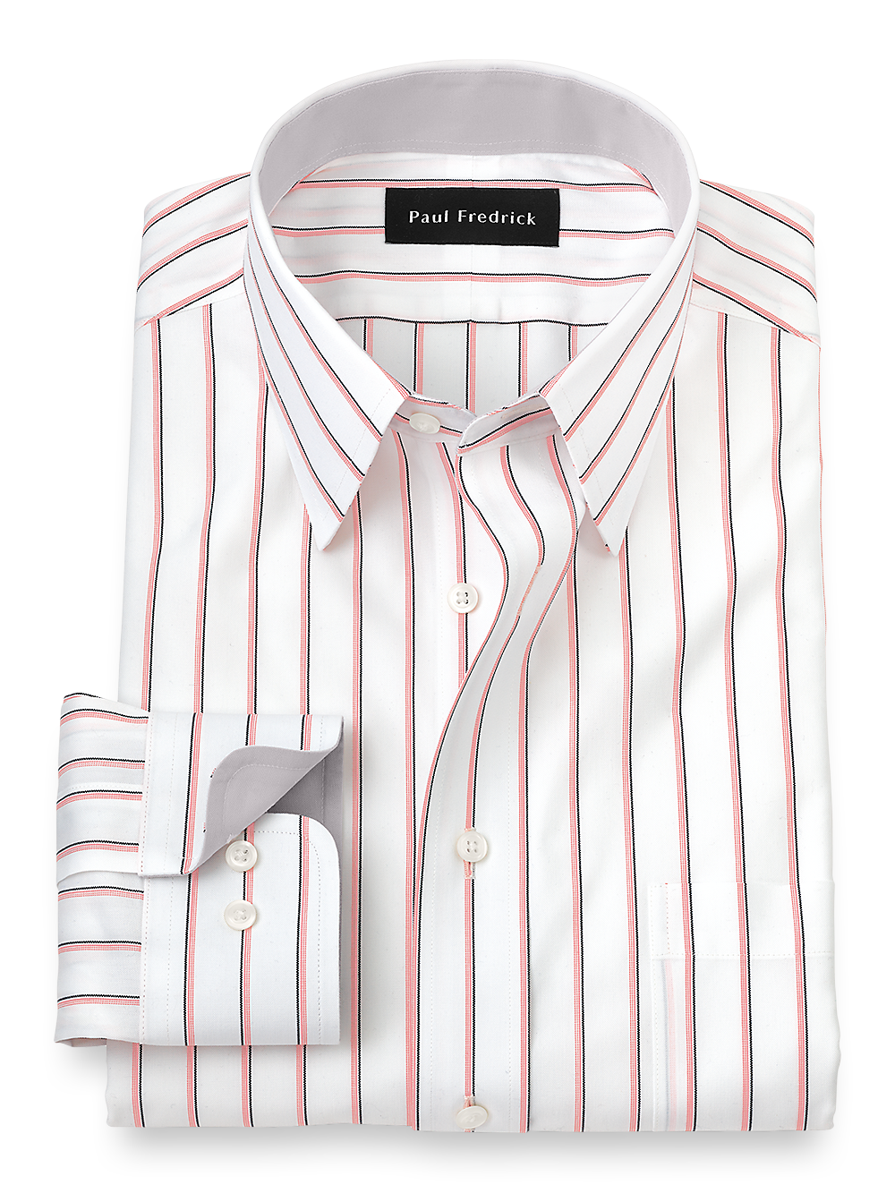 Non-Iron Cotton Stripe Dress Shirt With Contrast Trim Coral