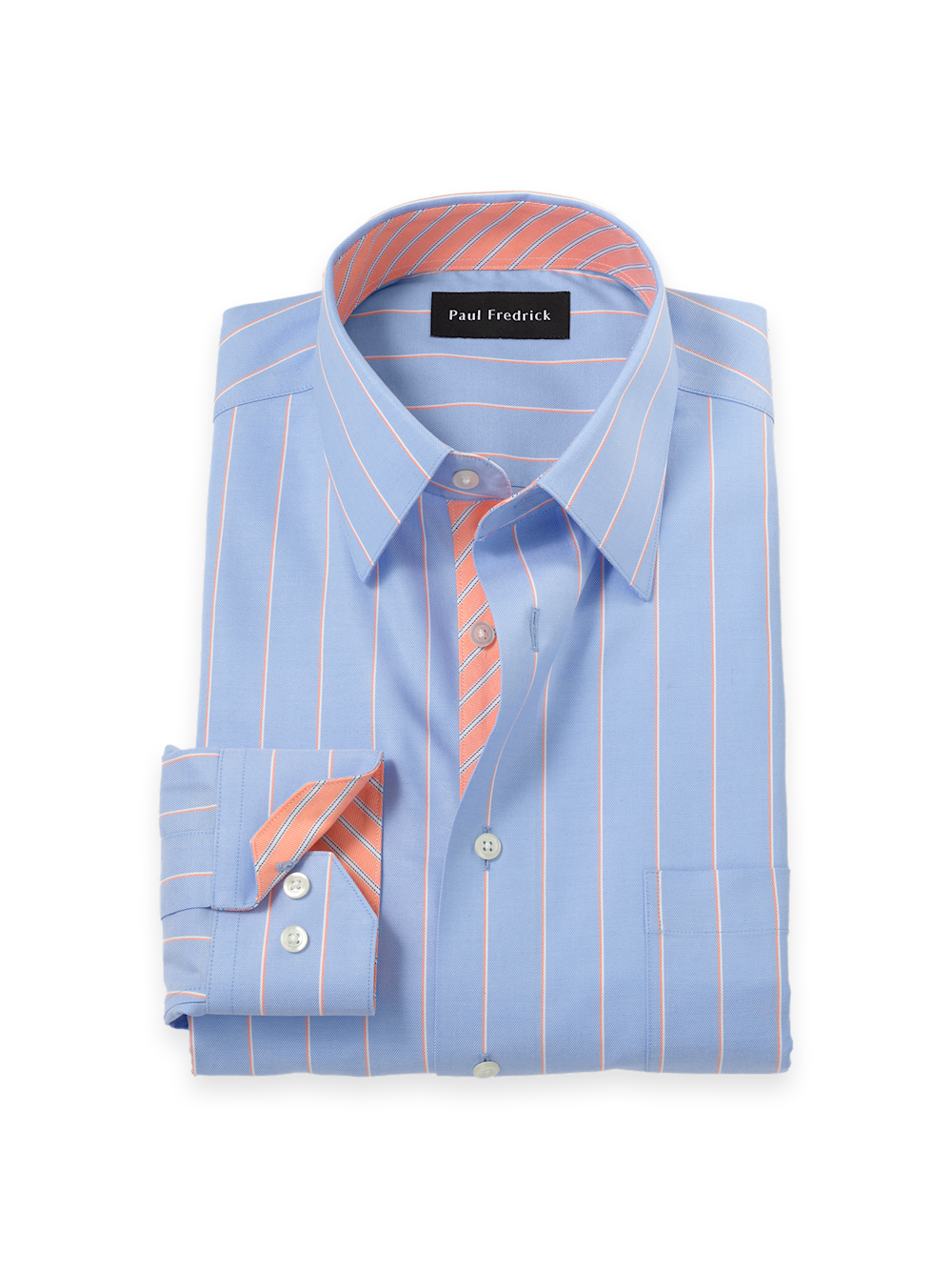 Product Image of Travel Cotton Blend Stripe Dress Shirt With Contrast Trim-Blue/Melon