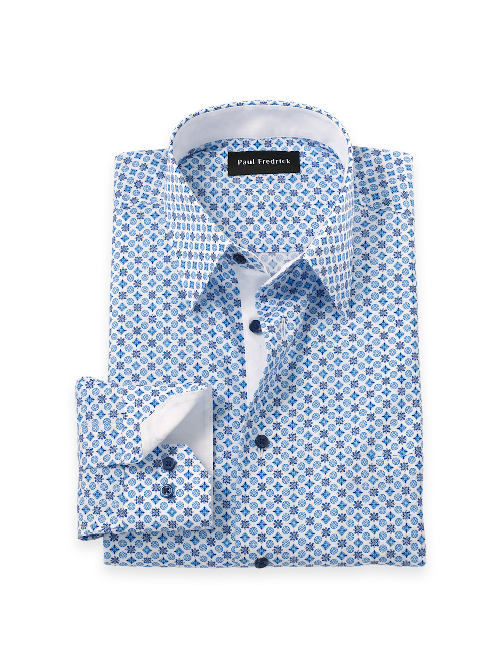 Product Image of Non-iron Cotton Geometric Dress Shirt With Contrast Trim-Blue