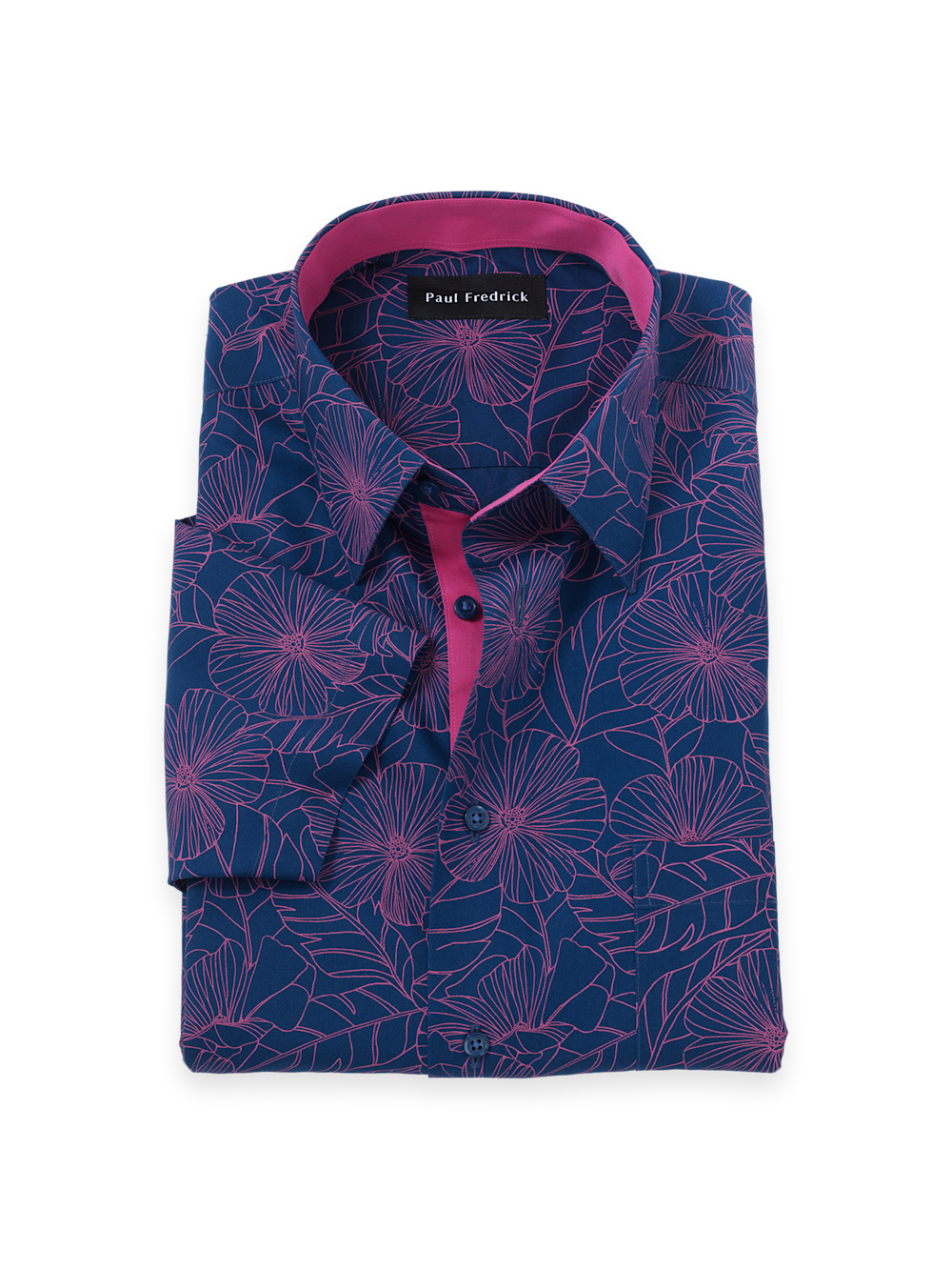 Product Image of Non-iron Cotton Floral Dress Shirt With Contrast Trim-Navy/Pink