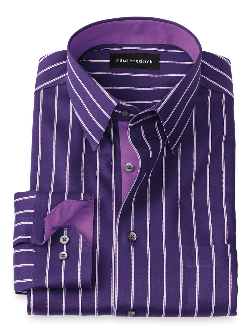 Non-Iron Cotton Stripe Dress Shirt With Contrast Trim - Purple - Classic Fit / 15 / 32 Non-Iron Cotton Stripe Dress Shirt With Contrast Trim - Purple - Classic Fit / 15 / 32