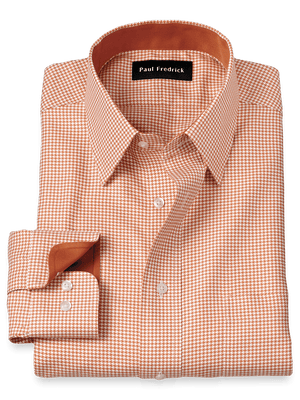Non-Iron Cotton Houndstooth Dress Shirt With Contrast Trim - Light Rust