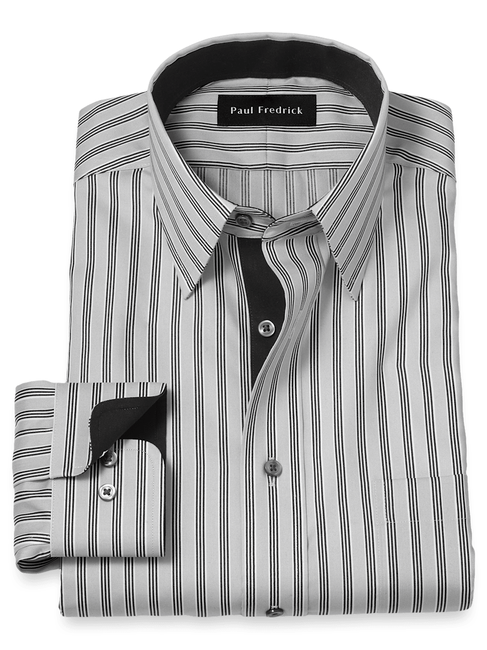 Non-Iron Cotton Stripe Dress Shirt With Contrast Trim - Grey - Classic Fit / 15 / 32 Non-Iron Cotton Stripe Dress Shirt With Contrast Trim - Grey - Classic Fit / 15 / 32