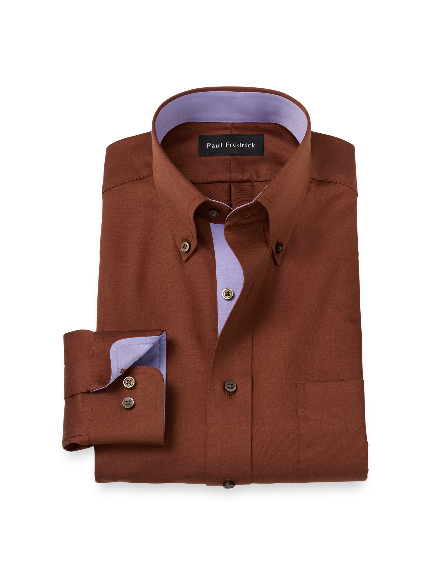 Non-Iron Cotton Solid Dress Shirt With Contrast Trim - Brown Paul Fredrick Non-Iron Cotton Solid Dress Shirt With Contrast Trim - Brown Paul Fredrick