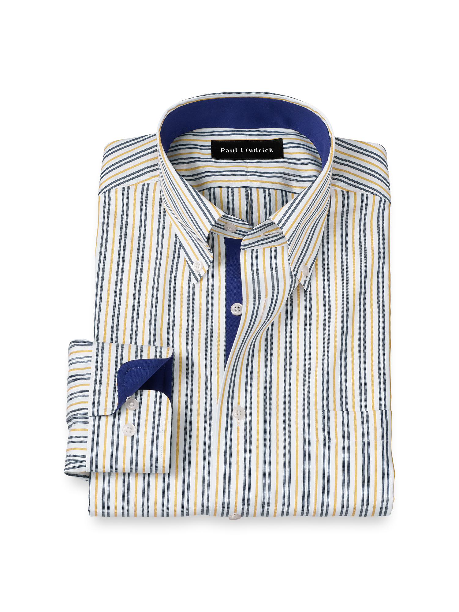 Non-Iron Cotton Stripe Dress Shirt With Contrast Trim - Blue/gold Paul Fredrick Non-Iron Cotton Stripe Dress Shirt With Contrast Trim - Blue/gold Paul Fredrick