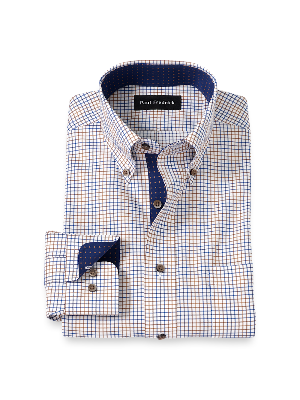 Product Image of Comfort Stretch Non-iron Tattersall Dress Shirt With Contrast Trim-Navy/Tan
