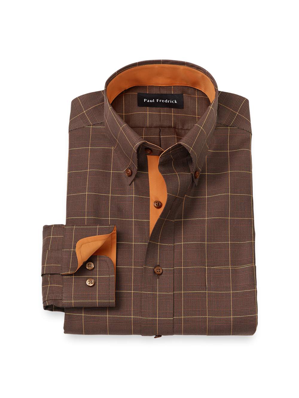 Product Image of Comfort Stretch Non-iron Windowpane Dress Shirt With Contrast Trim-Brown/Orange