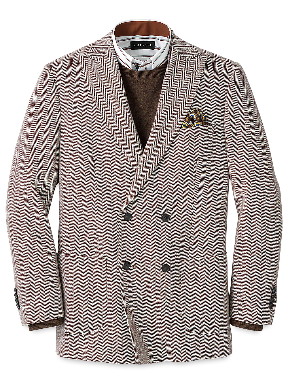 Product Image of Wool Blend Herringbone Double Breasted Peak Lapel Sport Coat-Ivory/Brown