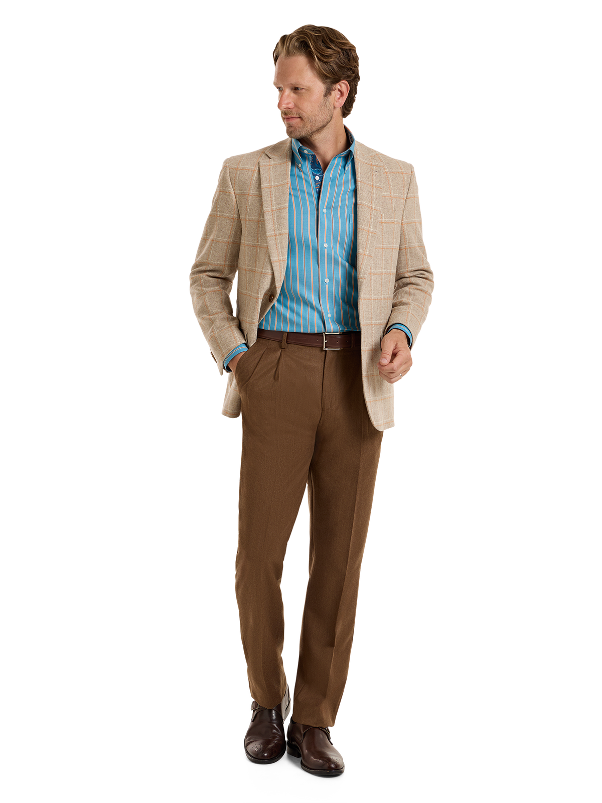 Wool Windowpane Single Breasted Notch Lapel Sport Coat - Tan