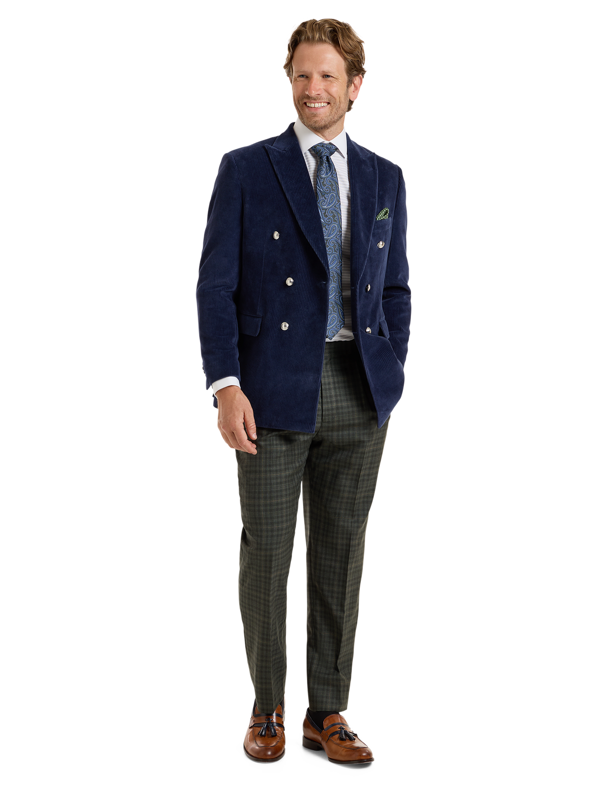 Corduroy Double Breasted Peak Lapel Knit Sport Coat - Blue