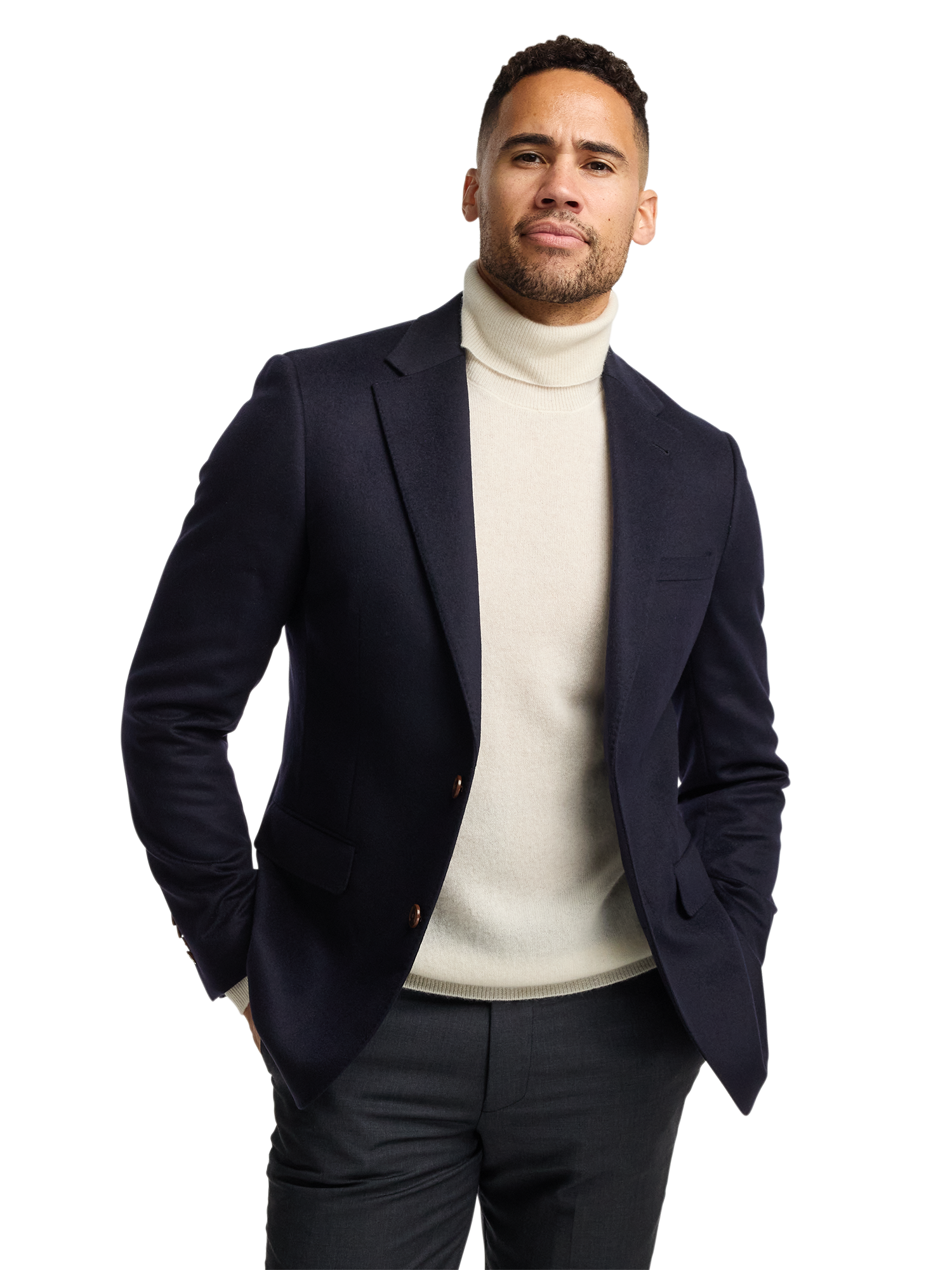 Cashmere Single Breasted Notch Lapel Sport Coat - Navy