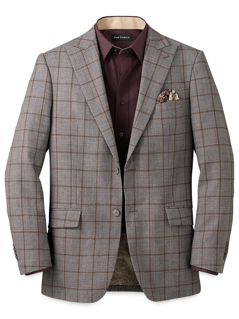 Product Image of Wool Windowpane Single Breasted Peak Lapel Sport Coat-Grey/Brown