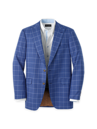 Wool Plaid Single Breasted Peak Lapel Sport Coat - Blue