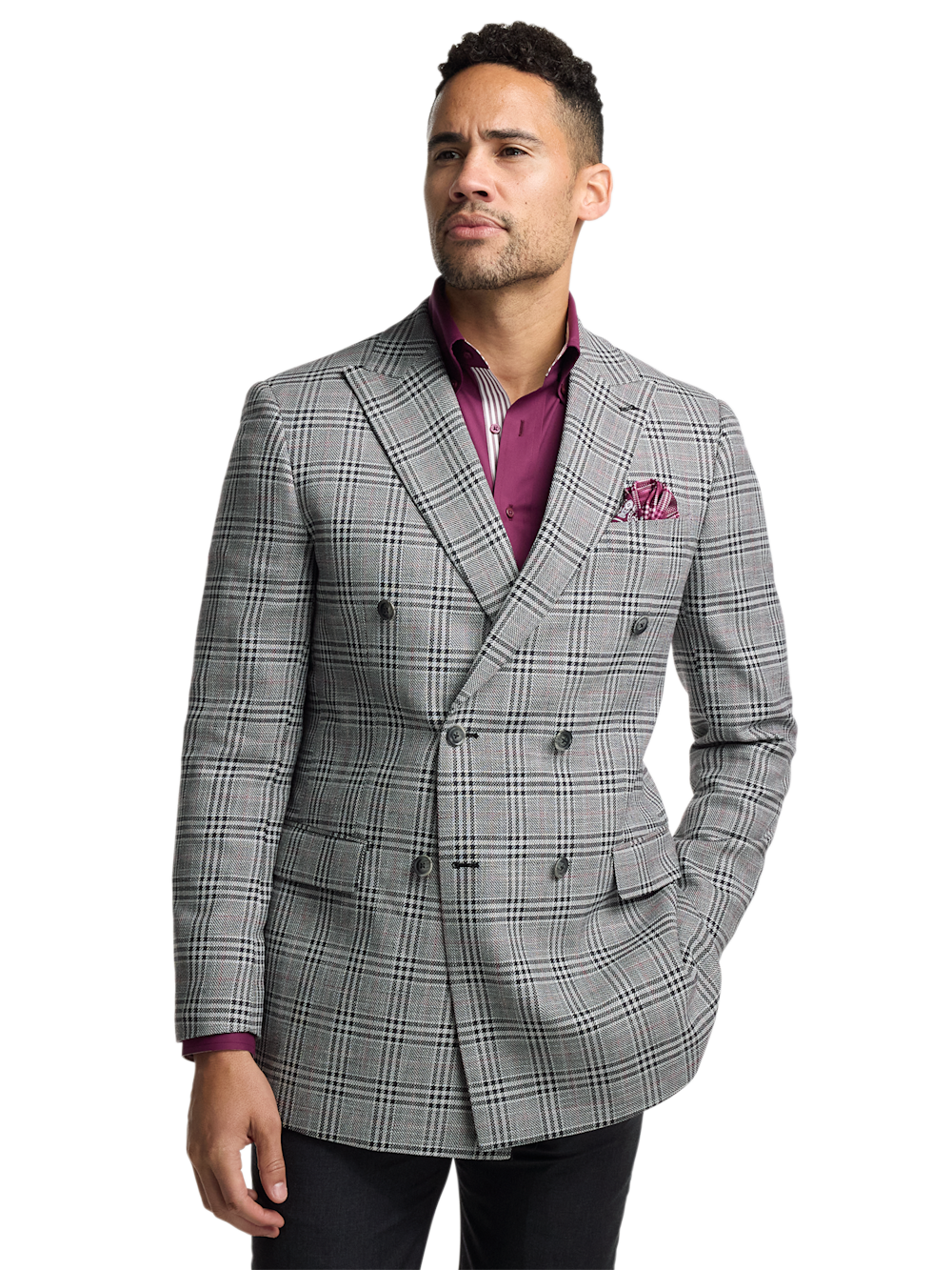 Alternate Image of Black White Cotton Blend Plaid Double Breasted Peak Lapel Sport Coat-1