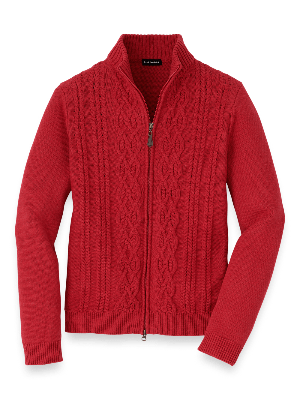 Cotton Cable Full Zip Mock Neck Sweater Red Paul Fredrick